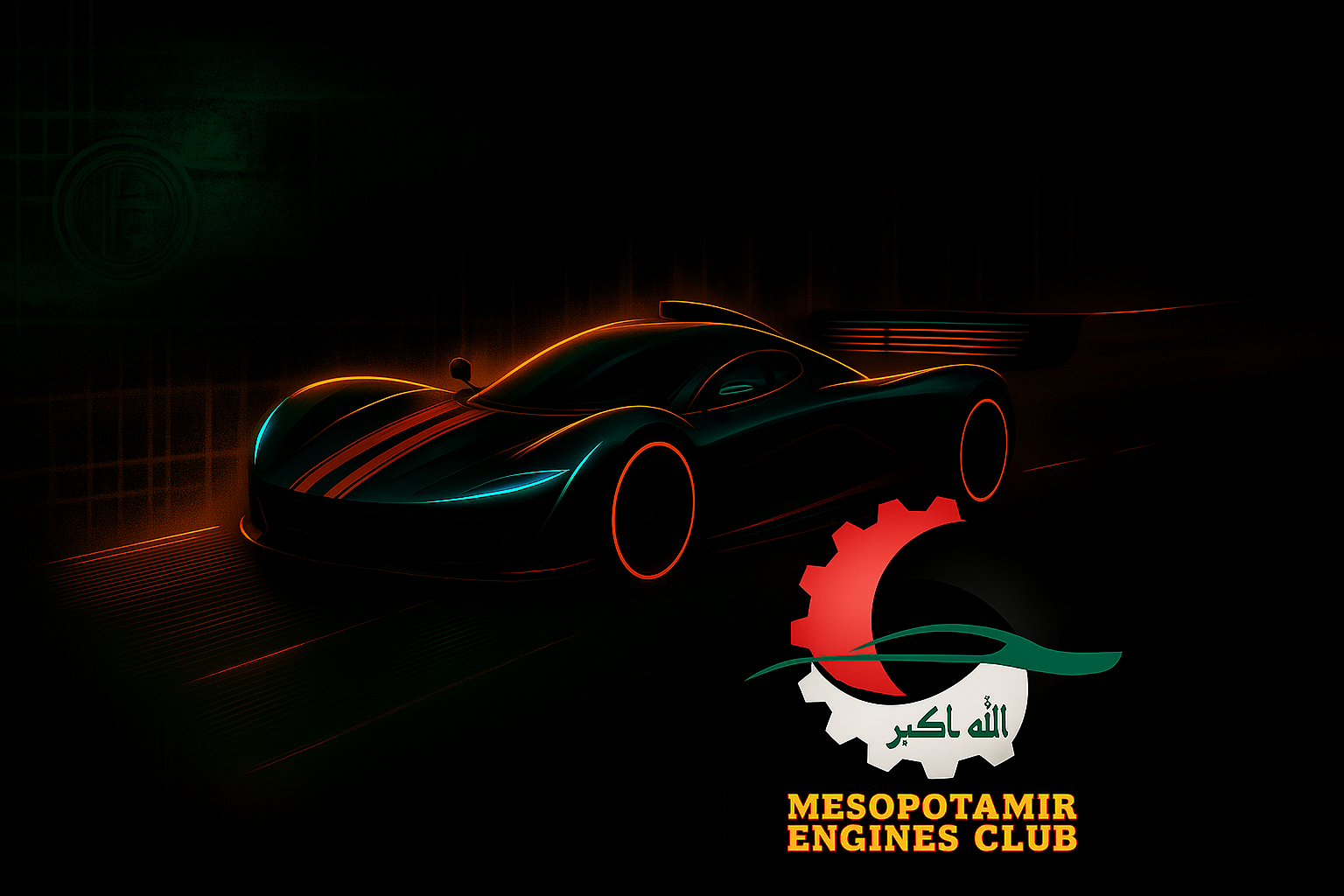 Dynamic fusion of futuristic racing car and e-sports elements with club logo (dark mode)